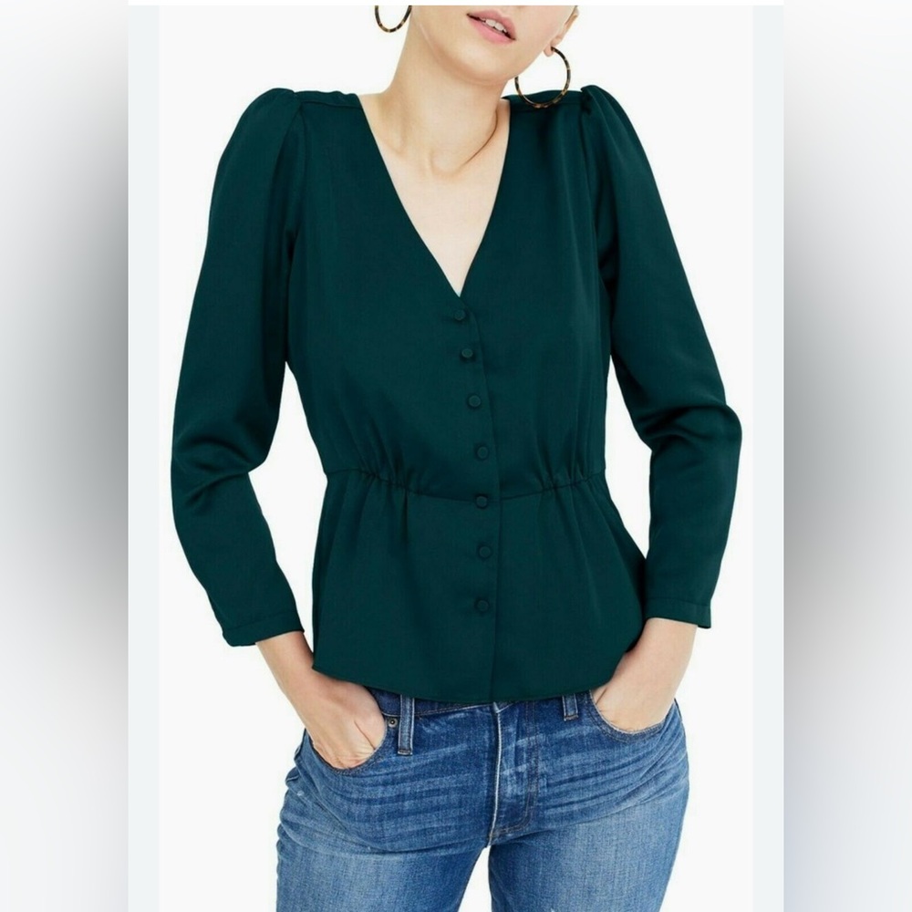 J. Crew Women’s Peplum Top Blouse in Satin Crepe Forest Green Size 10 V Neck
